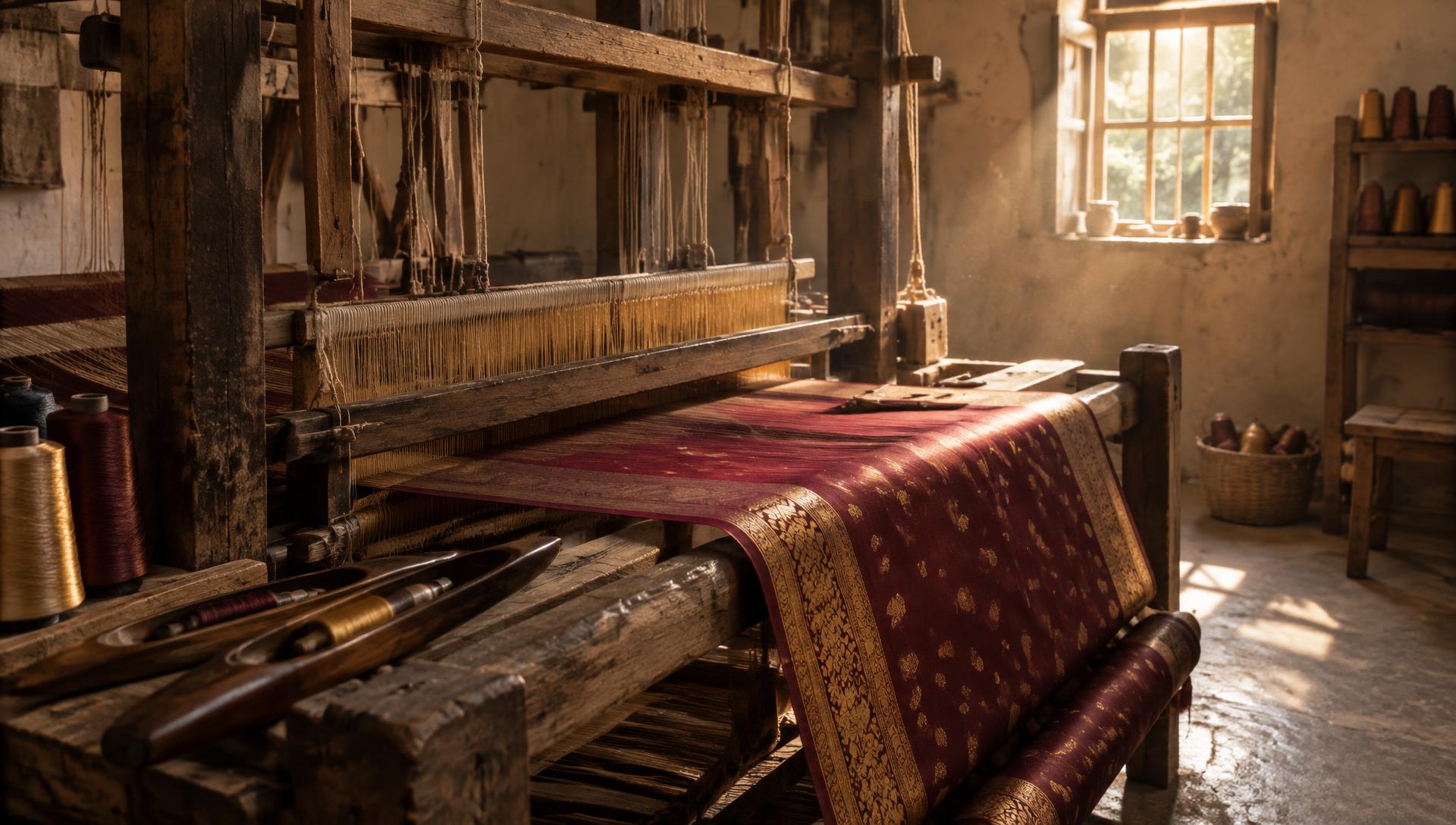 A wooden pit handloom in a weaving workshop, a maroon and gold sari half woven