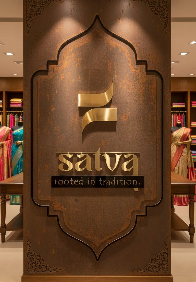 The Satva entrance panel: a rust-brown wall with a carved arch, the brass Satva monogram and wordmark, and the line “rooted in tradition”